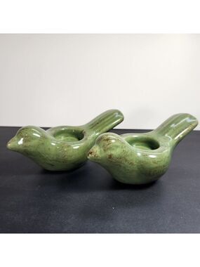 Ceramic Bird Candle Holder Tea Light Jade Green with Flecks of Brown Set Of 2